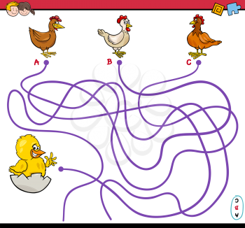 Cartoon Illustration of Paths or Maze Puzzle Activity with Hen and Little Chicken Farm Animal Characters