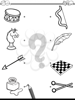 Black and White Cartoon Illustration of Education Element Matching Game for Children with Objects Coloring Book