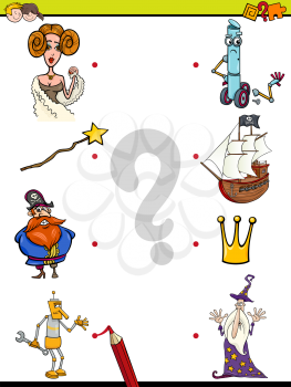 Cartoon Illustration of Education Pictures Matching Game for Children with Fantasy Characters