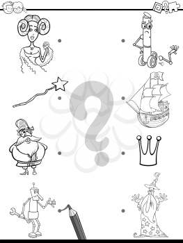 Black and White Cartoon Illustration of Education Element Matching Game for Children with Fantasy Characters Coloring Book