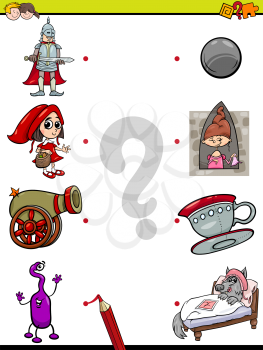 Cartoon Illustration of Education Pictures Matching Game for Children with Fantasy Objects and Characters