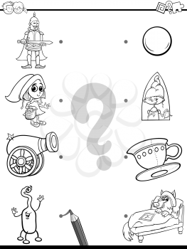 Black and White Cartoon Illustration of Education Pictures Matching Game for Children with Fantasy Objects and Characters Coloring Book