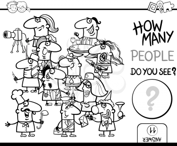 Black and White Cartoon Illustration of Educational Counting Activity for Children with Professional People Characters Group Coloring Page