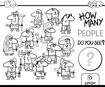 Black and White Cartoon Illustration of Educational Counting Activity for Children with Professionals People Characters Group Coloring Book