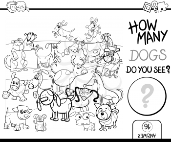 Black and White Cartoon Illustration of Educational Counting Game for Children with Spotted Dog Characters Coloring Page