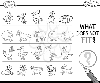 Black and White Cartoon Illustration of Finding Improper Item in the Row Educational Activity for Children Coloring Book