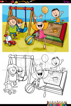 Cartoon Illustration of Children on Playground Coloring Book Activity