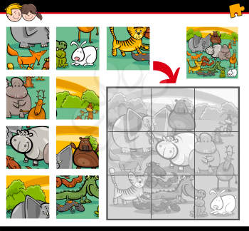 Cartoon Illustration of Education Jigsaw Puzzle Activity for Children with Animal Characters