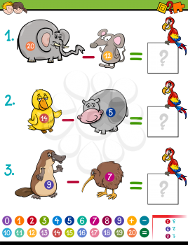 Cartoon Illustration of Educational Mathematical Subtraction Activity Game for Children with Animal Characters