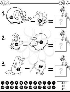 Black and White Cartoon Illustration of Educational Mathematical Subtraction Activity Game for Children with Animal Characters Coloring Page