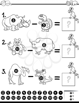 Black and White Cartoon Illustration of Educational Mathematical Subtraction Activity Game for Children with Animal Characters Coloring Book
