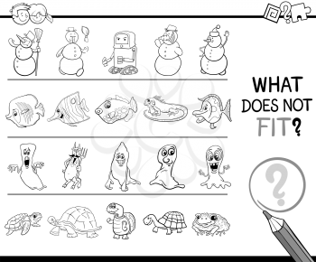 Black and White Cartoon Illustration of Finding Improper Image in the Row Educational Activity for Children Coloring Page