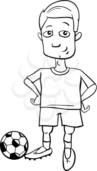 Black and White Cartoon Illustrations of Football or Soccer Player with Ball