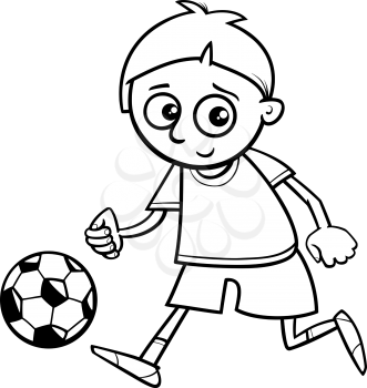 Black and White Cartoon Illustration of Boy Playing Football or Soccer Coloring Book
