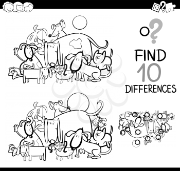Black and White Cartoon Illustration of Finding Details Educational Activity for Children with Dog Animal Characters Coloring Page