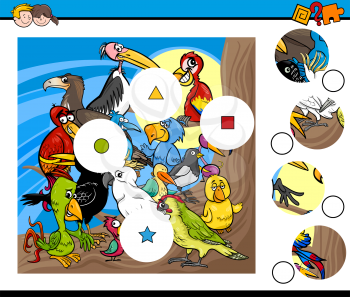 Cartoon Illustration of Educational Match the Elements Game for Children with Birds Animal Characters