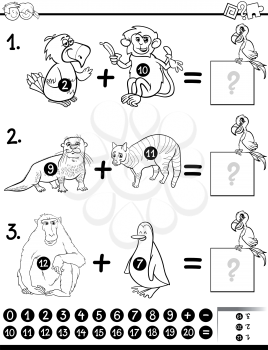 Black and White Cartoon Illustration of Educational Mathematical Addition Activity Task for Children with Animal Characters Coloring Book