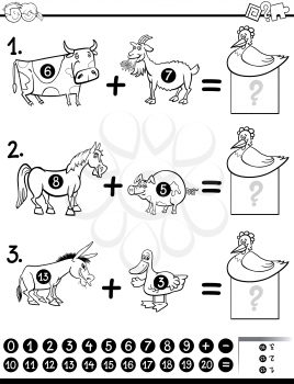Black and White Cartoon Illustration of Educational Mathematical Addition Activity Task for Children with Farm Animal Characters Coloring Page