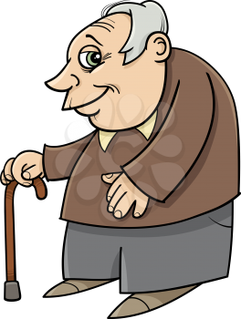 Cartoon Illustration of Mature Age Man Senior or Grandfather with Cane