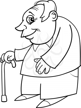 Black and White Cartoon Illustration of Mature Age Man Senior or Grandfather with Cane Coloring Book