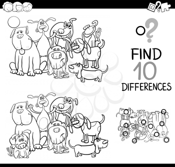 Black and White Cartoon Illustration of Finding Differences Educational Activity for Children with Dogs Animal Characters Coloring Page