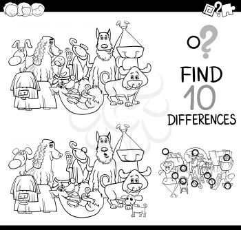 Black and White Cartoon Illustration of Finding Differences Educational Activity for Children with Dog Animal Characters Coloring Page