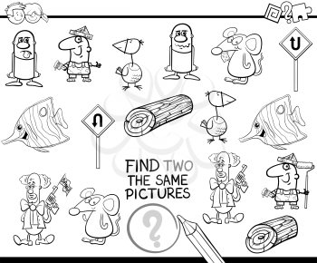 Black and White Cartoon Illustration of Find Identical Pair of Pictures Educational Activity for Children Coloring Page