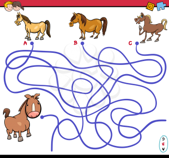 Cartoon Illustration of Paths or Maze Puzzle Activity Game with Colt and Horses Farm Animal Characters