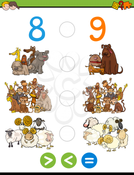 Cartoon Illustration of Educational Mathematical Activity Game of Greater Than, Less Than or Equal to for Children with Animal Characters