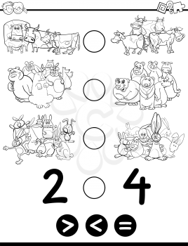 Black and White Cartoon Illustration of Educational Mathematical Activity Game of Greater Than, Less Than or Equal to for Children with Animal Characters Coloring Page