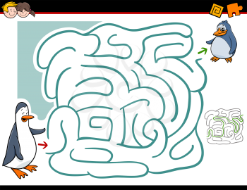 Cartoon Illustration of Education Maze or Labyrinth Activity Game for Children with Mother and Baby Penguin