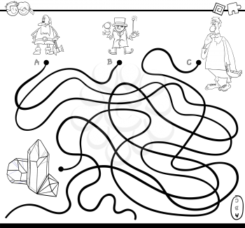 Black and White Cartoon Illustration of Paths or Maze Puzzle Activity Game with Fantasy Characters Coloring Page