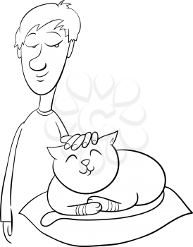 Black and White Cartoon Illustration of Boy Stroking his Pet Cat Coloring Page