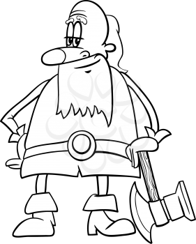 Black and White Cartoon Illustration of Dwarf with Axe Fantasy Character Coloring Page