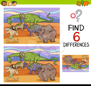 Cartoon Illustration of Finding the Details Educational Activity for Children with Prehistoric Characters