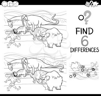 Black and White Cartoon Illustration of Finding the Details Educational Activity for Children with Prehistoric Characters Coloring Page
