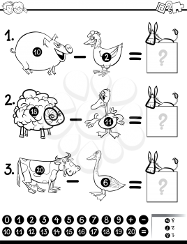 Black and White Cartoon Illustration of Educational Mathematical Subtraction Activity Game for Children with Farm Animal Characters Coloring Page