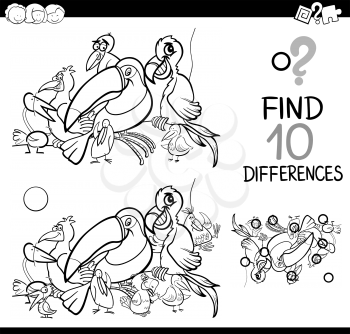 Black and White Cartoon Illustration of Finding Differences Educational Activity for Children with Birds Animal Characters for Coloring
