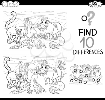 Black and White Cartoon Illustration of Finding Differences Educational Activity for Children with Wild Animal Characters Coloring Page