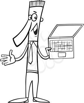 Black and White Cartoon Illustration of Man Doing Presentation with Notebook or Laptop