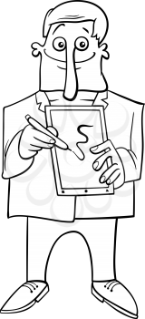 Black and White Cartoon Illustration of Man Doing Presentation with Tablet PC and a Pen