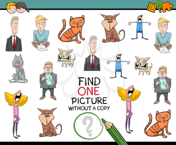Cartoon Illustration of Educational Activity of Finding Single Picture Without a Copy for Children