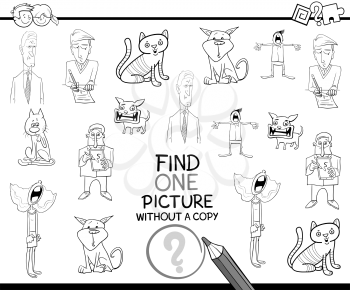 Black and White Cartoon Illustration of Educational Activity of Finding Single Picture Without a Copy for Children Coloring Page