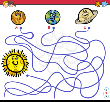 Cartoon Illustration of Paths or Maze Puzzle Activity Game with Orbs and Planet Characters