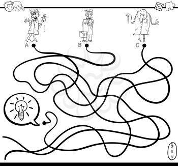Black and White Cartoon Illustration of Paths or Maze Puzzle Activity Game with Scientist Characters Coloring Page