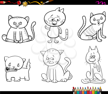Black and White Cartoon Illustration of Cats Animal Characters Set Coloring Page