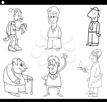 Black and White Cartoon Illustration Set of Man Characters Coloring Page