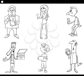 Black and White Cartoon Illustration Set of People with Computers or Tablets and Smart Phones New Technology Electronic Devices