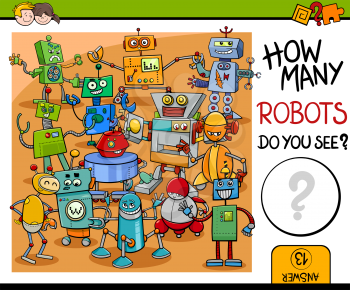 Cartoon Illustration of Educational Counting Activity for Children with Robot Characters