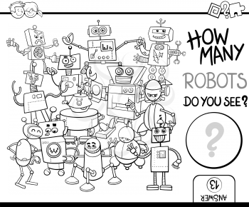 Black and White Cartoon Illustration of Educational Counting Activity for Children with Robot Characters Coloring Page